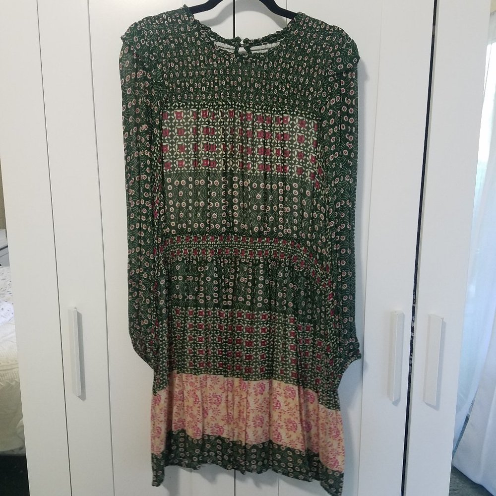 Anthropologie Green Floral Long-Sleeve Smocked Midi Dress - Picture 5 of 10